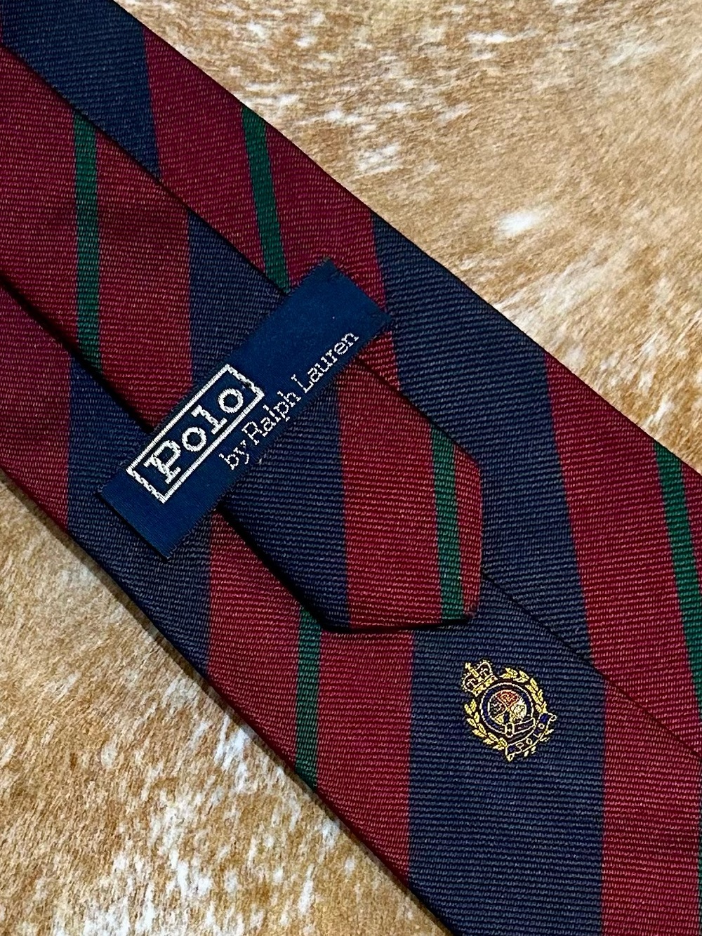 Polo by Ralph Lauren Navy, Burgundy & Green Striped Crest Silk Tie